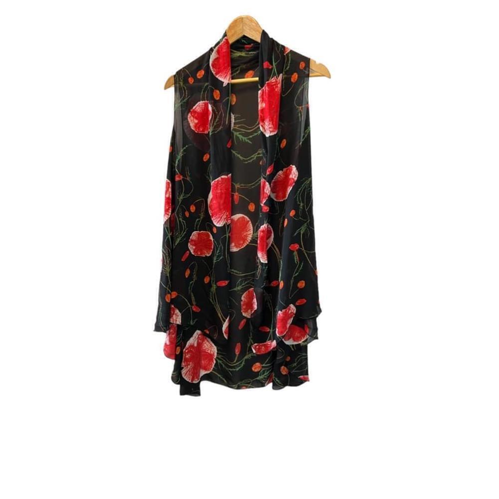 Black Semi Sheer Poppy Floral Print Sleeveless Over Piece Swim Coverup Cardigan